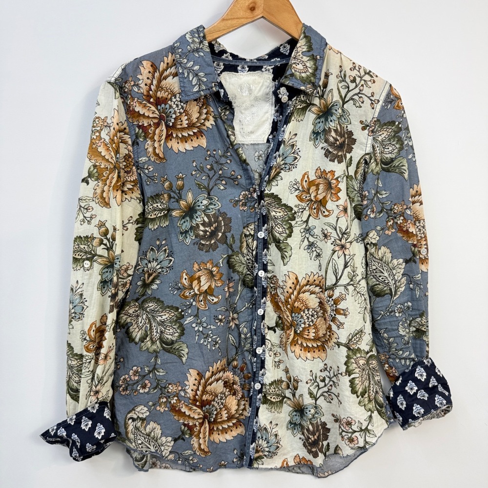 Cino Button Down Shirt Womens Large Blue Floral Patchwork Crinkle Velvet Trim - Picture 2 of 9